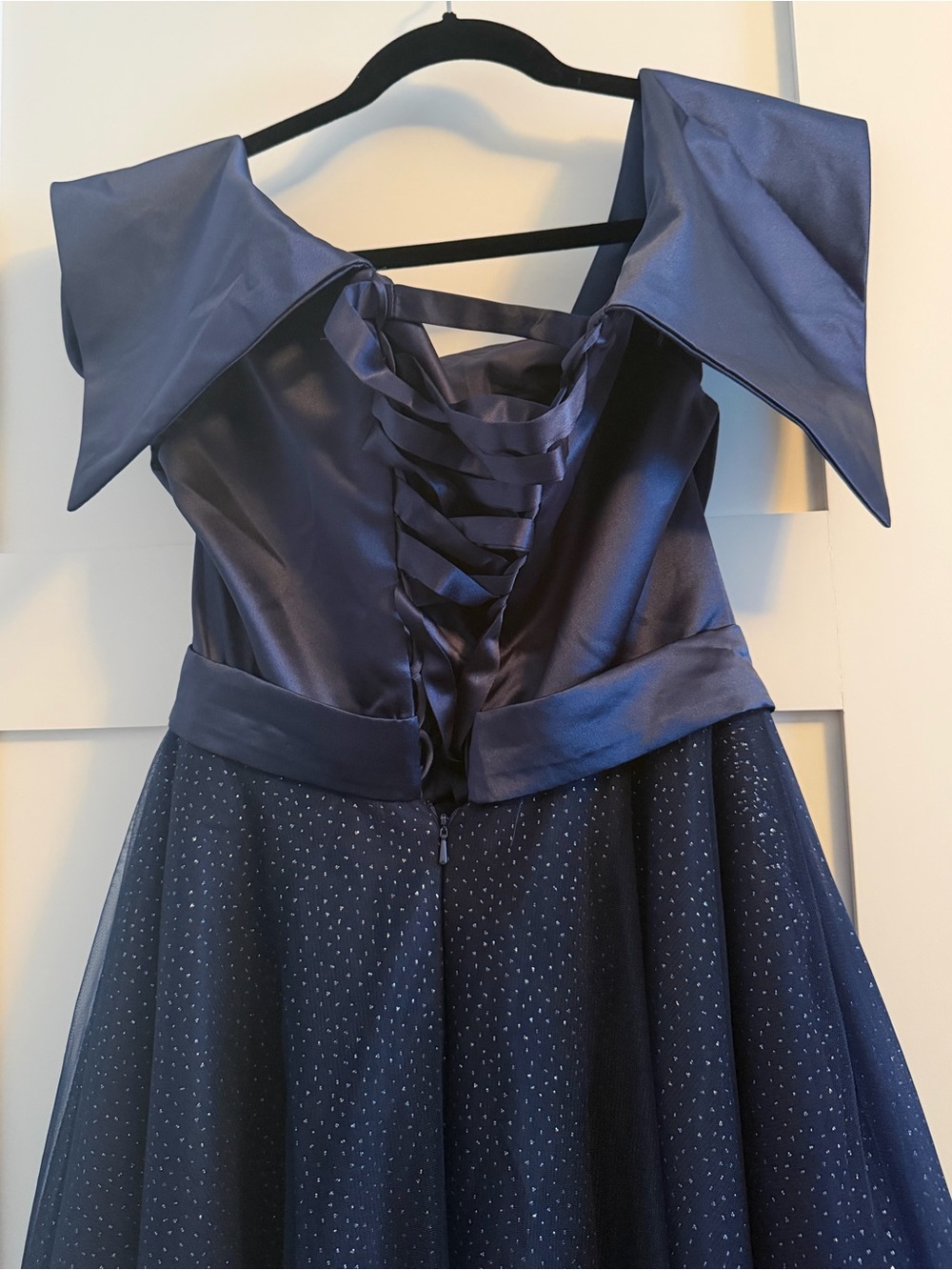 NWT Modern Tea-length A-Line Off-the-shoulder Satin Tulle Formal Dress. Navy 12 - Picture 3 of 10